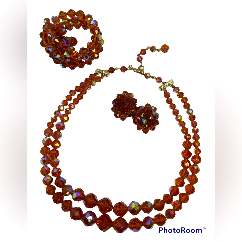 Vintage Laguna- Faceted Crystal & Amber Bead Choker/Bracelet/Clip-On Earrings
